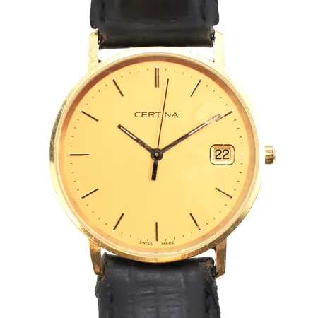 Herrur Certina 18K, Ø33, quartz, eol158 9289 68, med läderband, etui, slitage, batteribyte krävs.