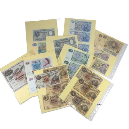 Sedlar Sverige totalt 535 Kronor, bl.a. 100 kronor 1954, 1968 & 1976, 5 & 10 kronor bl.a. 1938, 1940, 1943, varierat skick  Vikt: 0 g