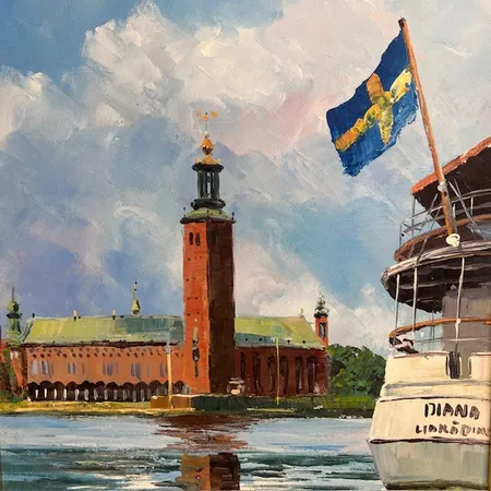 Tavla, Stadshuset, olja på duk, 59x39cm, signerad Lennart Börje Vestberg (1934-2010), märken på ram Skickas med postpaket.