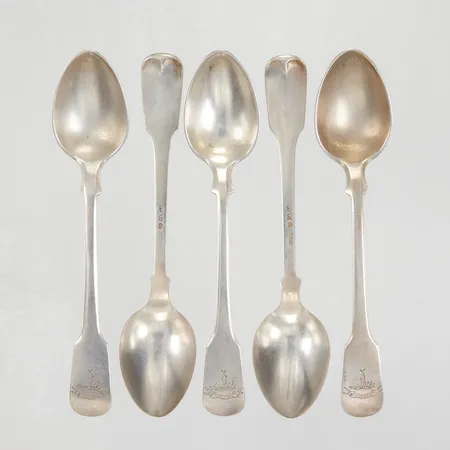 5 kaffeskedar 12,5cm, gravyr "Veritas", LL&C Göteborg år 1888, silver Vikt: 102,2 g