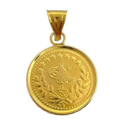 Hänge med myntliknande objekt, 14K guld, hänge längd inkl. ögla 27,6 mm, Ø18 mm, fint skick  Vikt: 0,8 g