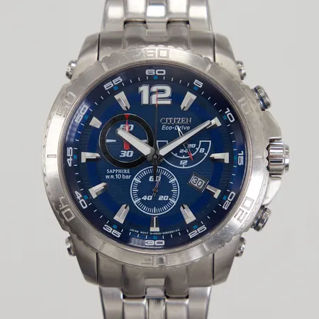 Herrur Citizen Eco-drive, Marinaut, Ø ca 4mm, chronograf, datum, stål med länk, serienummer 111020048, referensnummer H500-S056233, extra länkbitar, inga övriga tillbehör.