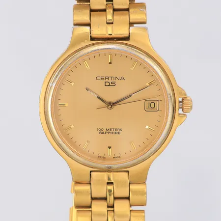 Herrur Certina DS 100 Meters stål quartz Ø32mm, EOL 115 7135 45, datum, originalarmband förgylld metall 18cm, servad med nytt glas, inga tillbehör
