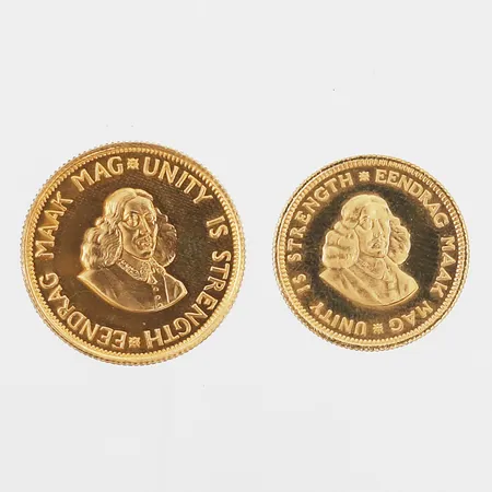 Ett par mynt 1 & 2 Rand, Ø19/22mm, Sydafrika 1978, i originaletui från Suid-Afrikaanse Munt, 22K. Vikt: 12 g