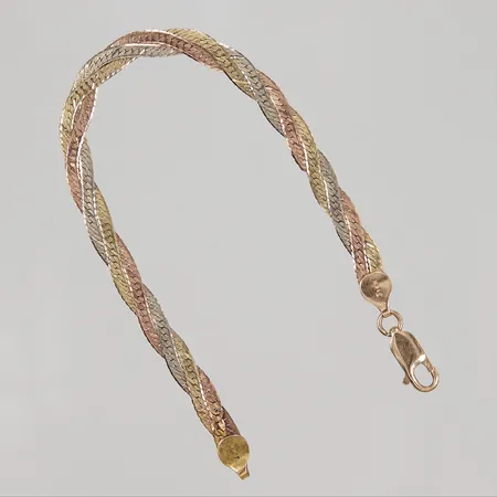 Armband flätat 3-färgat, 18,5cm, bredd 5mm, skadad länk, 14K Vikt: 7 g