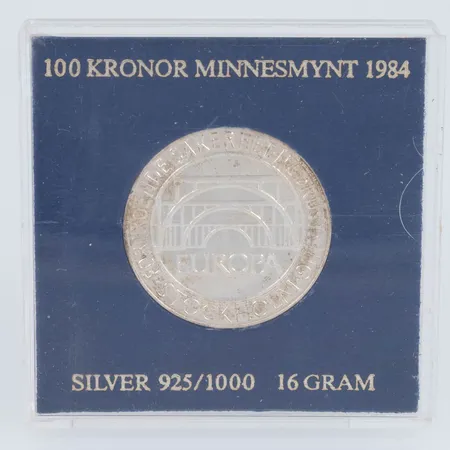 Minnesmynt Europa Förtroende Säkerhet Nedrustning Stockholm Sverige 100Kr, år 1984, Ø32mm, i plastetui, silver 925/1000 16,0g. 
