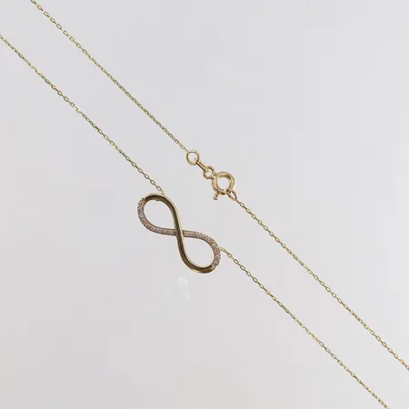 Collier med evighetsåtta samt vita stenar längd 48cm bredd 0,6-8mm 14K. Vikt: 1,7 g