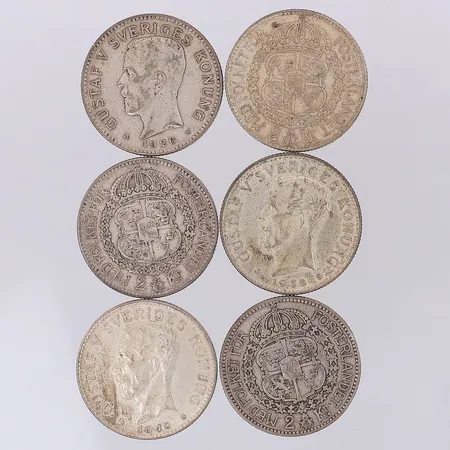 6 Mynt Gustaf V 1913-1940 nominellt värde 2kr, silver 800/1000 Vikt: 89,8 g