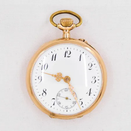 Mormorsur Ancre Spiral Breguet Chaton 16 rubis Ø 35mm innerboett metall kronan defekt fungerar ej graverad 18K bruttovikt 34,0g medföljande doublékedja 150cm 