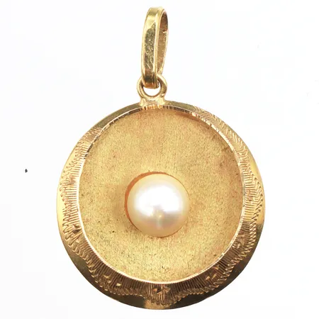 Hänge med pärla, längd ca 32mm, bredd ca 23mm, 18K. Vikt: 4,3 g