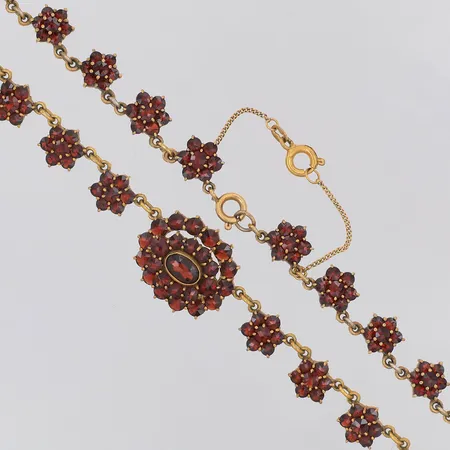 Collier granater doserad längd 46,5cm bredd 9,4-18,2mm säkerhetskedja förgylld metall