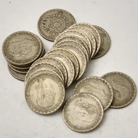 Mynt i silver, 2kr, 10-25ören, 400/1000, 24,1g.