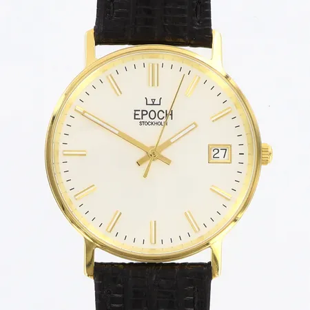 Herrur Epoch 14K quartz Ø33mm, datum, läderband, nyskick, garantifolder December 2025, Epoch Stockholm, originaletui, bruttovikt: 30,0gram