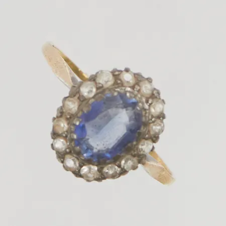 Ring stl:19¼ fattning i silver, blå/vita stenar 18K 2,1g.