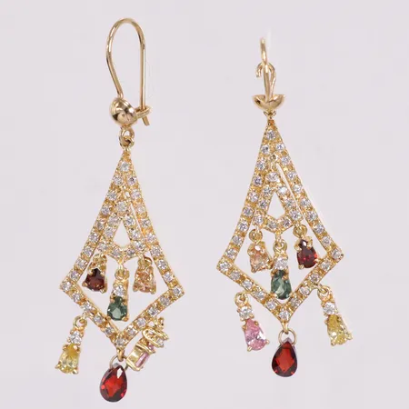 Ett par örhängen längd 6 cm troligtvis granater, citriner, peridot och safir 18K Vikt: 12,4 g