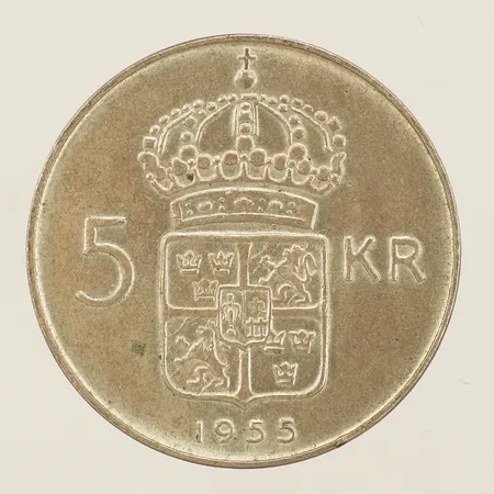 Mynt 5kr "Gustav VI Adolf Sveriges Konung" År 1955 Silver 400/1000 Vikt: 18,1 g