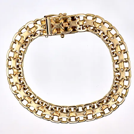Armband X-länk längd 18,5cm, bredd 9,1mm, Göta Guldsmedsaktiebolaget, Stockholm 1960, en låsåtta saknas 18K Vikt: 24 g