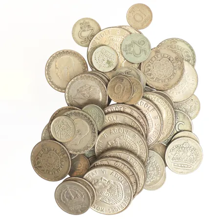 Cirkulationsmynt, 10-öre, 25-öre, 50-öre, 1-kr, 2-kr, 400/1000 silver. Vikt: 315 g