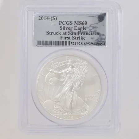 Mynt 1 Dollar, United States of America, Liberty, 1oz, år 2014-(S) Silver Eagle Struck at San Francisco First Strike, serienr: 29449854, förseglat, 999/41000 Vikt: 31 g