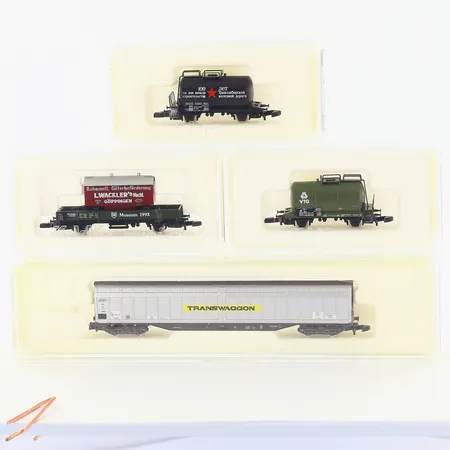 Märklin mini-club 4 tågvagnar, tankvagn 82411, museumsvagn 1993, transportvagn 82411, tankvagn 88613, i originalkartonger, ej funktionstestade