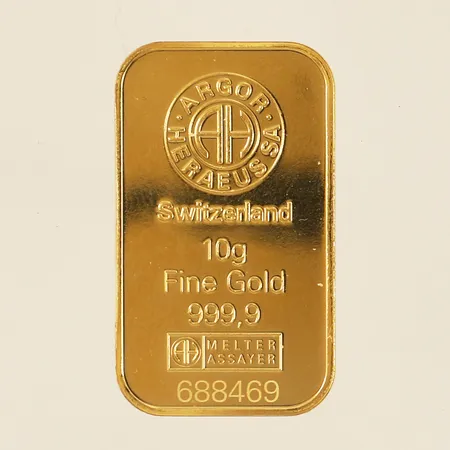 Guldtacka Argor Heraeus SA, Melter Assayer Serie-nr: 688469 bruten förpackning 24K Vikt: 10 g