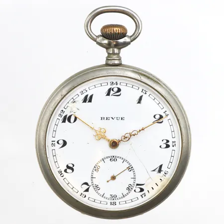 Fickur Revue, manuell, Ø50mm, refnr:1426017, oädel metall, skadad urtavla, repigt plexiglas, inga tillbehör.
