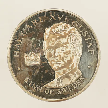 Mynt H.M. Carl XVI GUSTAF United States Bicentennial Visit April 1976 Ø50mm missfärgad etui 925/1000 silver Vikt: 51,7 g