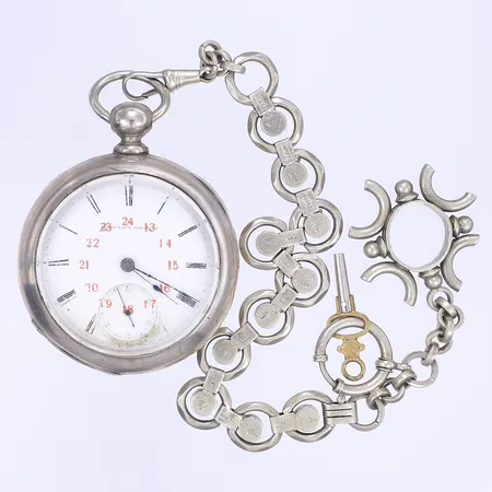 Fickur Elgin Nat´l Watch Co Ø58mm, boett i silver ("coin silver") 900/1000 4oz, boettnummer 112972, med klockkedja och uppdragsnyckel, fungerande men ej testad för tidshållning, slitage, skadad urtavla