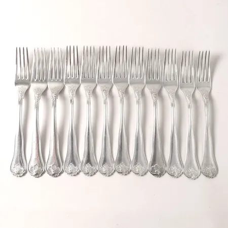 Tolv bordsgafflar modell Sachsisk, längd 18cm, Cohr, silver 830/1000 Vikt: 482,7 g