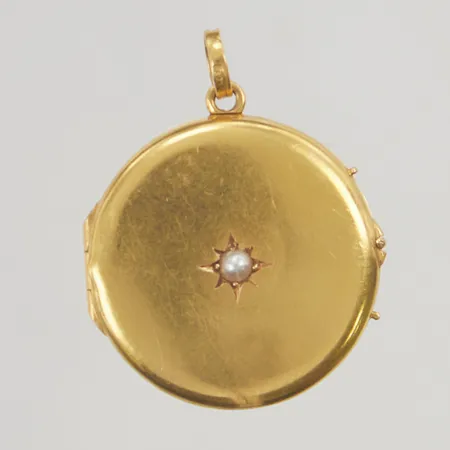 Medaljong 27mm plastglas, pärla, 18K 7,3g.