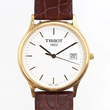 Herrur Tissot 18K, quartz, från 1853, T913410A, ref nr: 15AN0001590, Saphire Crystal glas, brunt läderband, gravyr "För nit och redlighet", bruksslitage, box, ytterkartong, ej funktionstestad, batteribyte krävs. 