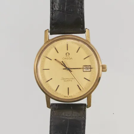 Herrur Omega 34mm quartz sliten doublé, refnr:196.0079, läderband, går ej, batteribyte krävs. Vikt: 0 g