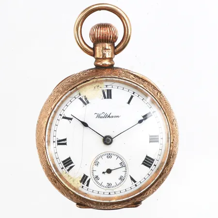 Mormorsur Waltham 9k, Ø33mm, boettnr:34179, kal:16405689, gravyr, skadad urtavla, repigt plexiglas, service behov, inga tillbehör.