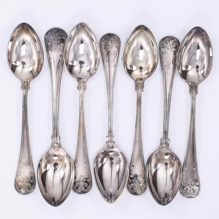 7 Teskedar av samma modell ca 13cm, GAB, silver 830/1000 Vikt: 150,2 g