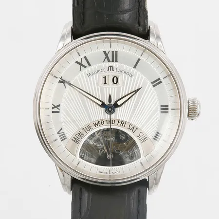 Herrur Maurice Lacroix Masterpiece, stål, automatisk, 40mm, refnr MP6358, snr AO65065, dag och datum, kaliber ML102, svart läderband ej original med slitage, trasigt vid lås, inga tillbehör
