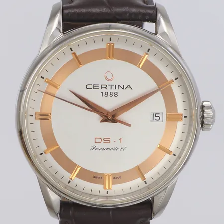 Herrur Certina DS-1 Powermatic 80, stål, automatisk, 40mm, refnr C029807A, serienr Z64 BX4 PS7, glasbaksida, datum, något slitet läderarmband, viklås, manual, box, ytterkartong. 
