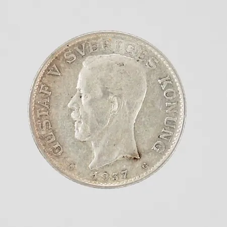 Mynt 1-Krona 1937 80% silver Vikt: 7,4 g