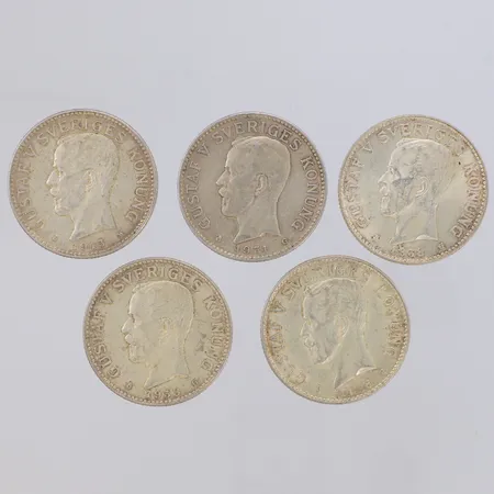 5 Mynt Gustaf V Sveriges Konung 2 Kr, Ø31mm, repiga, silver 800/1000 Vikt: 74,9 g