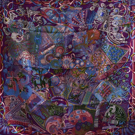Scarf Hermés 90x90cm, Au fil du Carré av Annie Faivre, siden, med etui, kvitto, fint skick