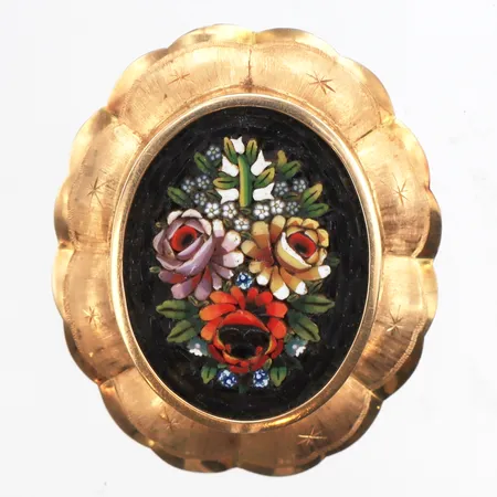 Brosch mickromosaik, Ø38,7mm, 14K. Vikt: 17,2 g