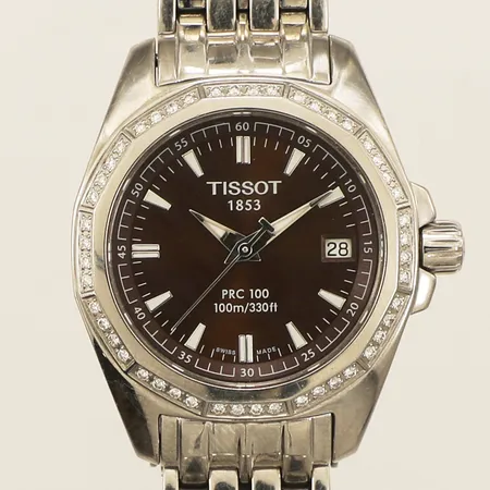 Damur Tissot PRC 100 med diamanter 48xca0,005ct stål quartz Ømm refnr: P831/931 serienr: RKO-BC-10992 datum stållänk med viklås total längd ca 15,5cm repor, inga tillbehör