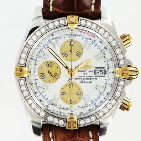 Armbandsur Breitling Chrono Cockpit, stål, automatisk, Ø39mm, pärlemorurtavla,  diamantkrans 0,66ctv TW/VVS, ref A1335853, serienr 2386671, kronograf, datum, läderband med törnlås ej original, små hack och repor på boett/krans, certifikat ...