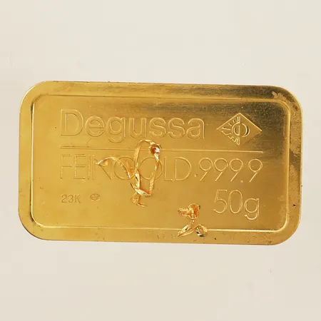 Guldtacka Degussa FeinGold 999,9 borrhål felstämplad som 23K, 24K Vikt: 50,1 g