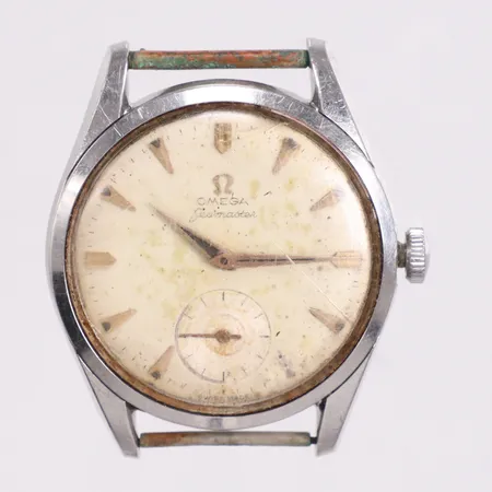 Herrur Omega Seamaster Ø35mm manuell stål boett nr 2937-4 cal 267 verk nr 16350541 sliten urtavla och glas , gravyr endast boett