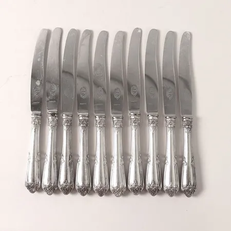 Tio matknivar modell Greque, längd 22cm, blad i rostfritt stål, silver 830/1000 Vikt: 499,1 g