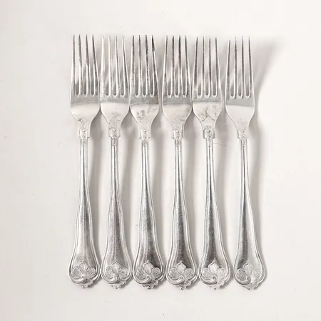 Sex smörgåsgafflar modell Sachsisk, längd 15cm, Cohr, silver 830/1000 Vikt: 145 g
