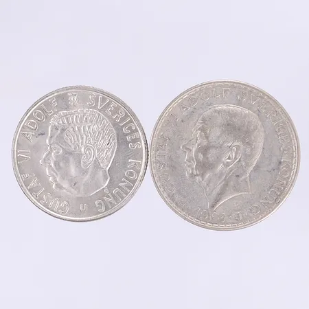 2st silvermynt Sverige 5kr 1966 och 2kr 1964 silver 400/1000 Vikt: 31,8 g