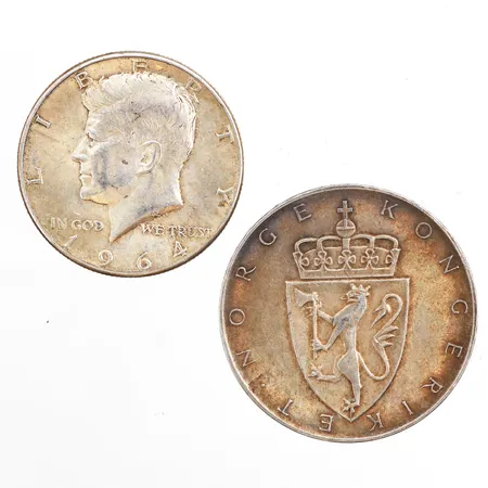 2 Mynt, Half dollar 1964, 10 kroner, 1964, 900/1000 silver. Vikt: 32,6 g