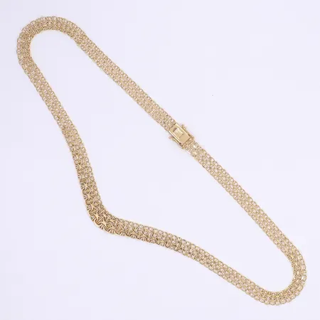 Halscollier doserad X-länk med stav 50cm bredd 8-11mm, svenska stämplar, lätt bucklig, 18K Vikt: 23,2 g