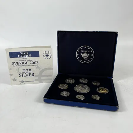 Myntsamling, Eurokollektionen silver med svenska motiv från år 2003, etui, certifikat, 925/1000 silver. Vikt: 72,9 g